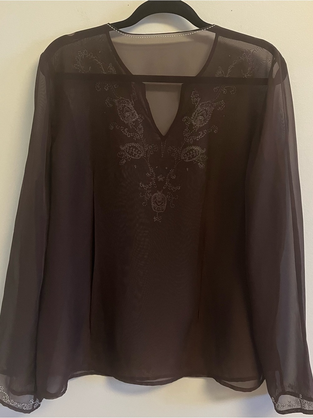 Embroidered Sheer Brown Women's Blouse Swimsuit Coverup Boho Fairy Festival - Picture 3 of 9